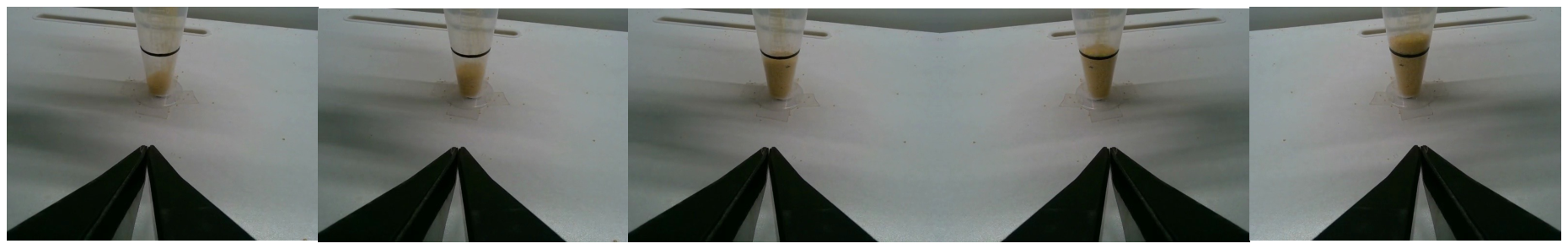 Consecutive wrist-camera frames of the baseline continuing to pour after the rice passes the target mark.